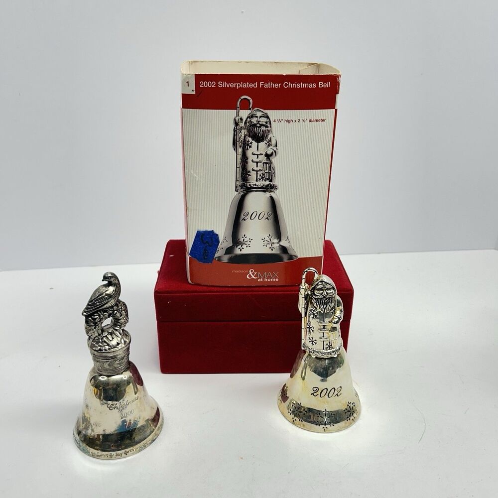 2 Vintage Silverplated Christmas Bells 2000 Dove & 2002 Santa Father Christmas